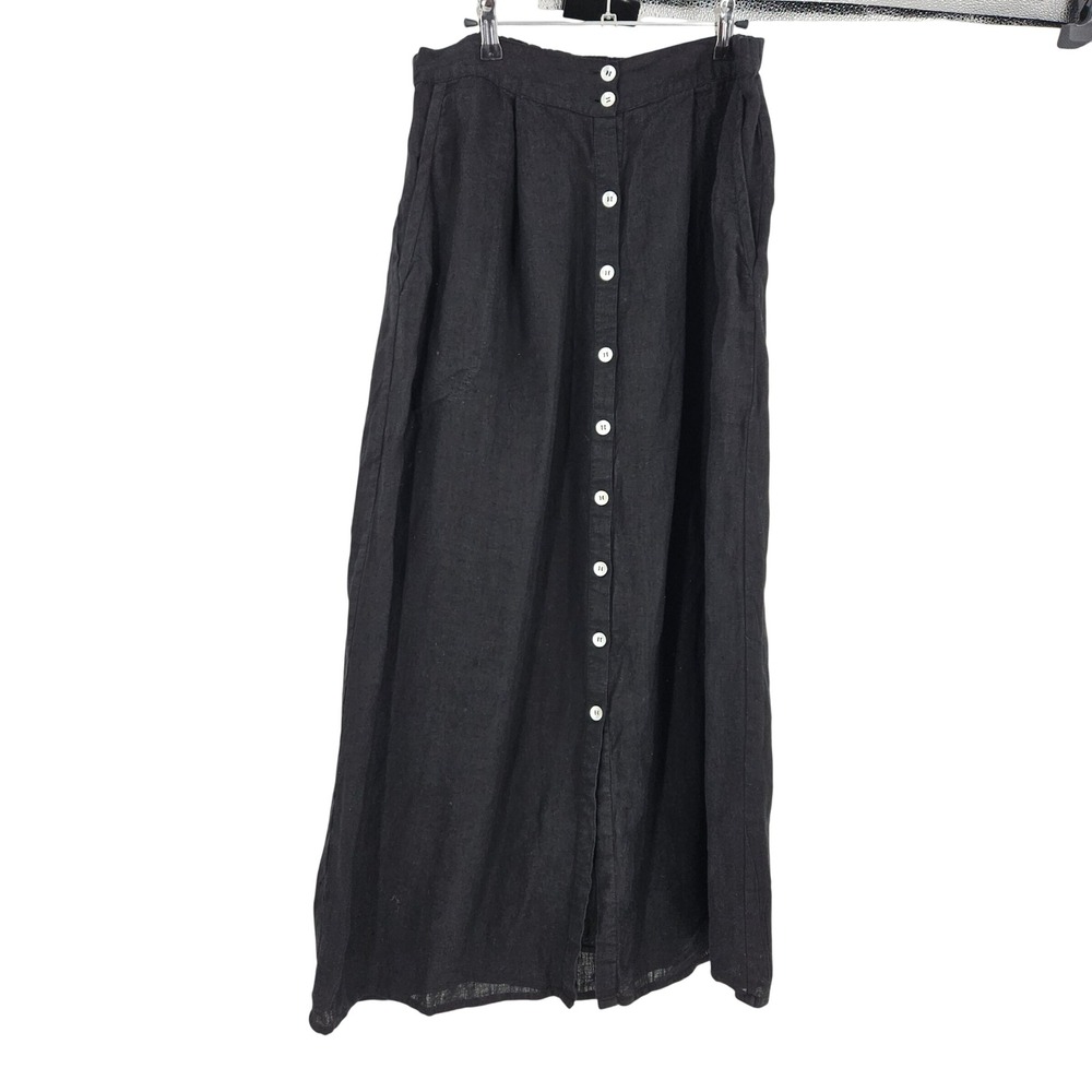 Anaak Maxi Linen Skirt Black Button Front Pockets Elastic Waist Lagenlook Size 2